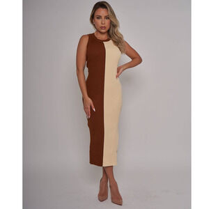 NWT Cream Brown Ribbed Knit Fall Midi Dress - Small